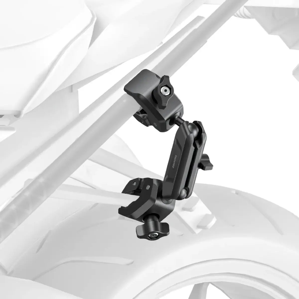 Black bike mount on a white bicycle frame