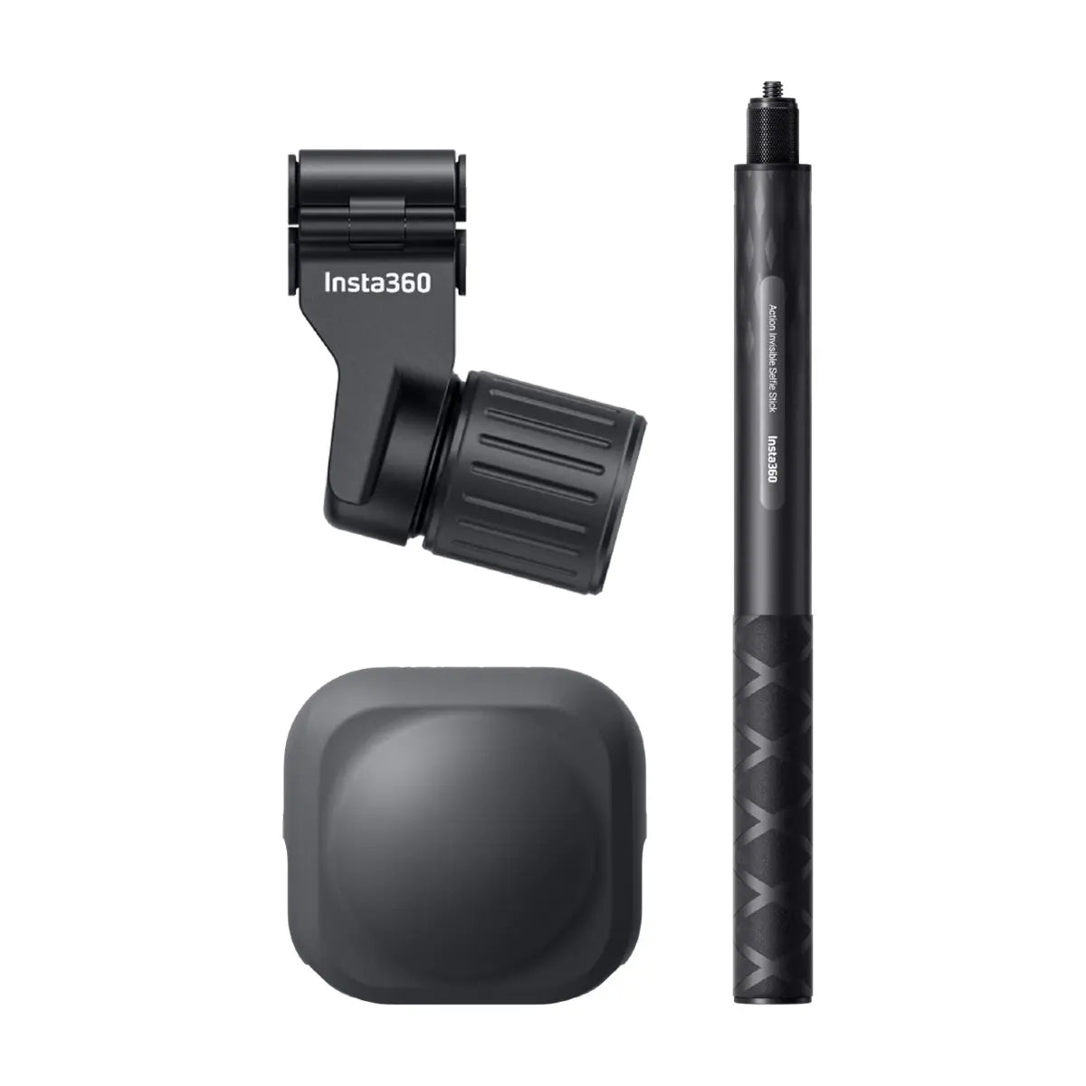 Insta360 camera accessories including a mount, arm, and protective cover on a white background.