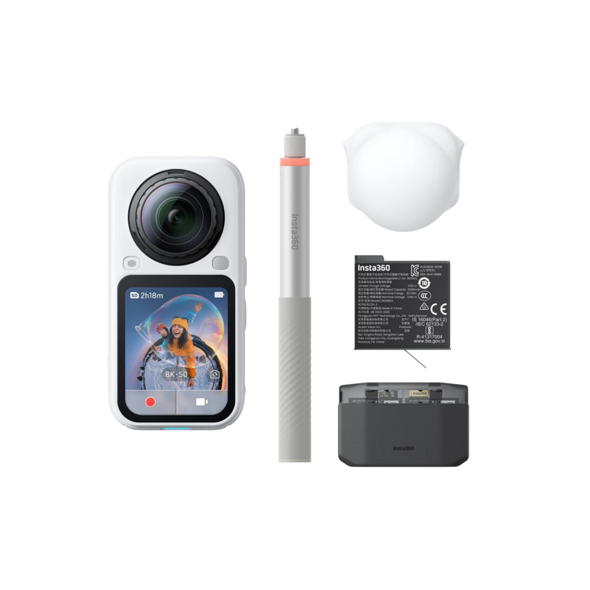 An Insta360 action camera shown with a selfie stick, a white protective cover, a battery, and a charging dock on a plain white background.