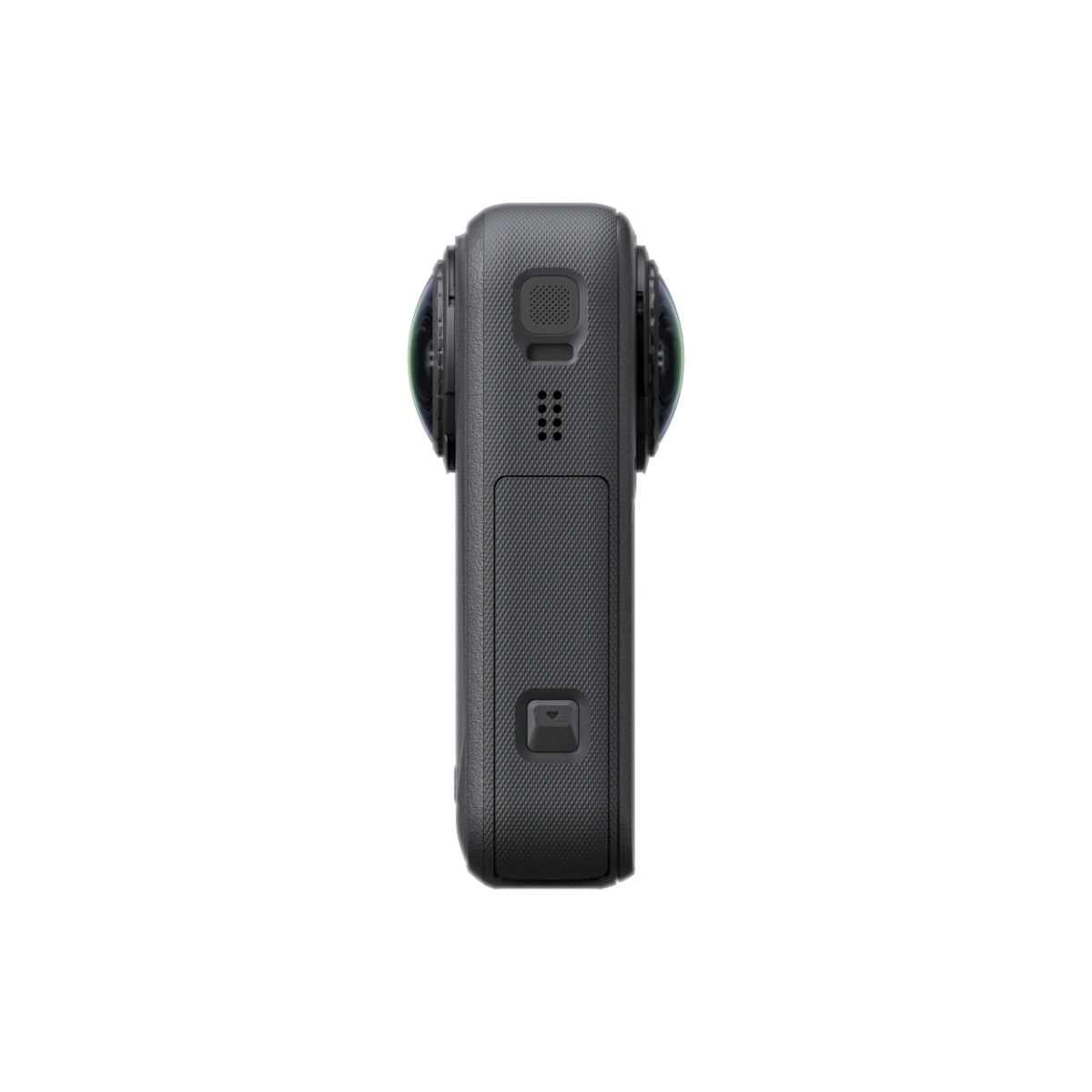 A black 360-degree action camera shown from the rear side, featuring a textured grip, a square button, a speaker grille, and a recessed button with a stylized 'F' logo, set against a plain white background.