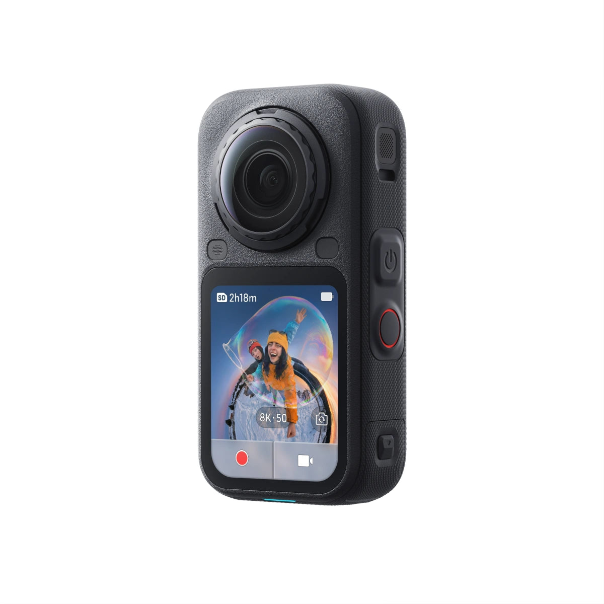 A black action camera with a front-facing screen showing a colorful image, photographed on a clean white background.