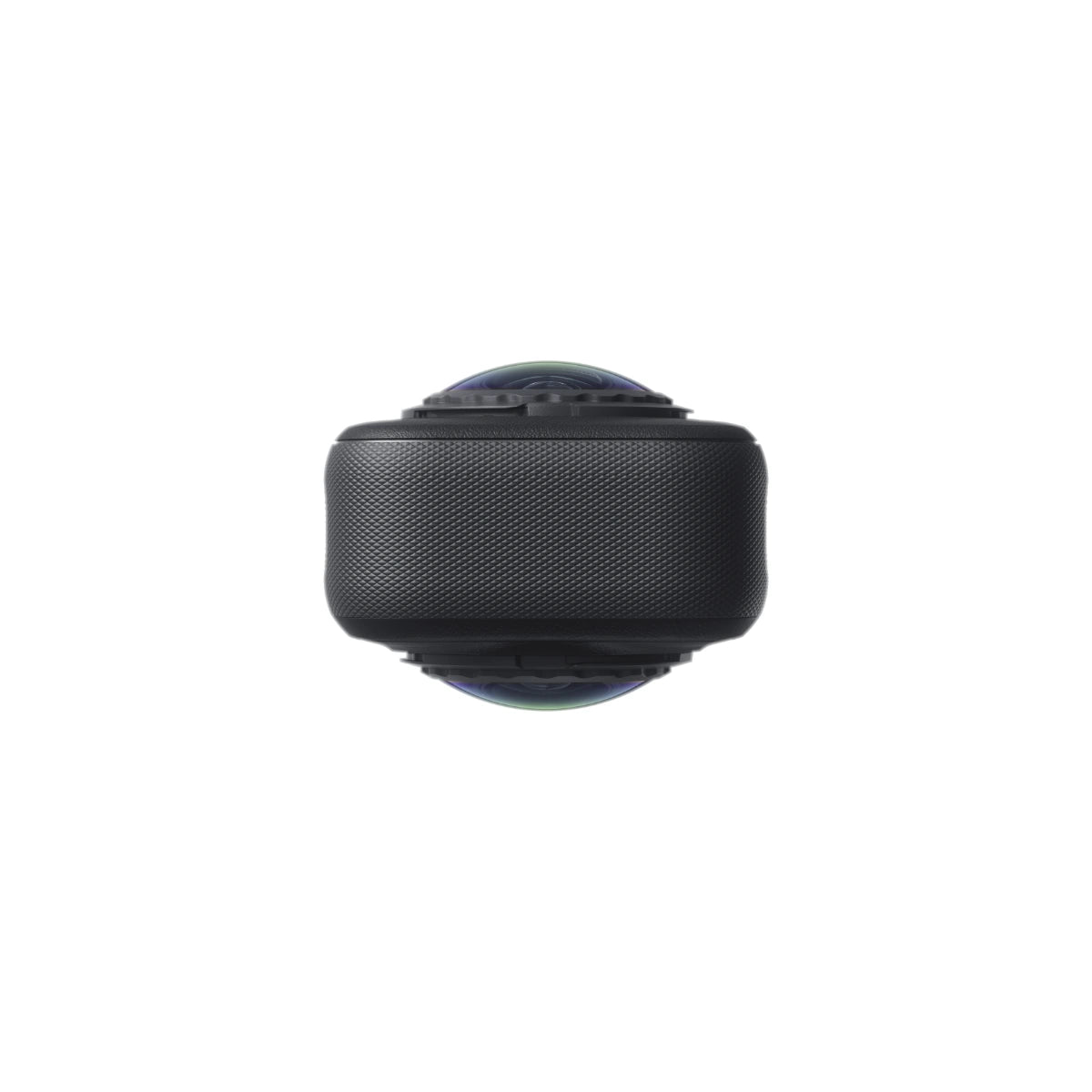 A black 360-degree action camera featuring two lenses shown from a top down angle against a plain white background.