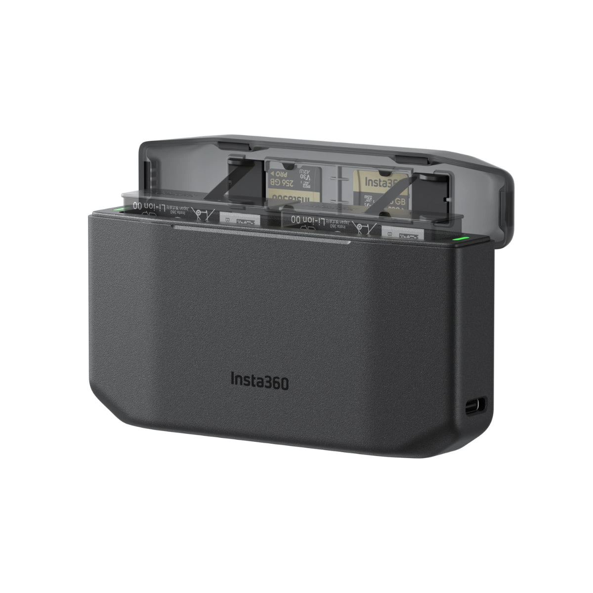 A black Insta360 portable battery pack with its lid open, showing internal components and two inserted batteries, on a solid white background.