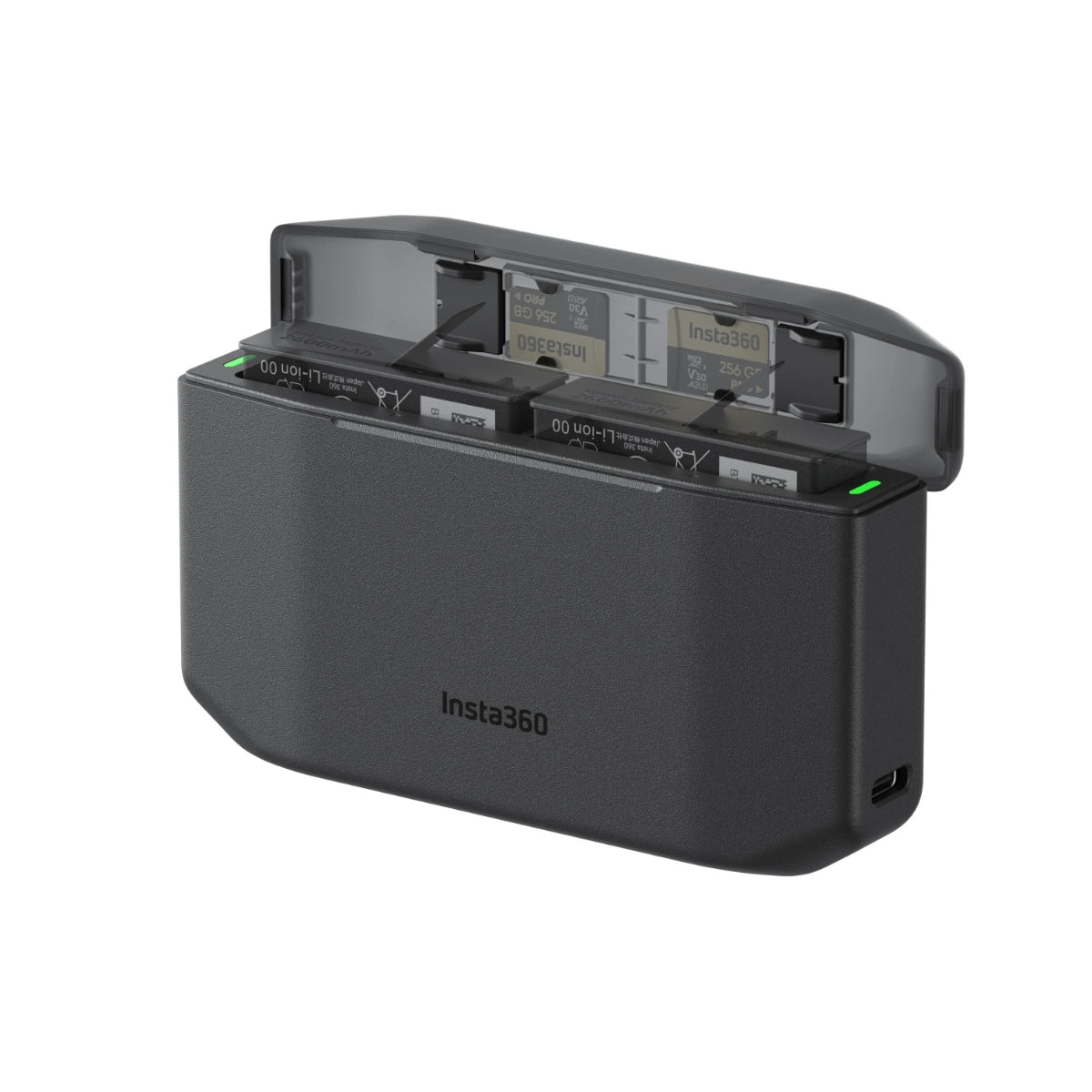 A black Insta360 portable battery pack with its lid open, showing internal compartments and small green LED indicator lights, on a solid white background.