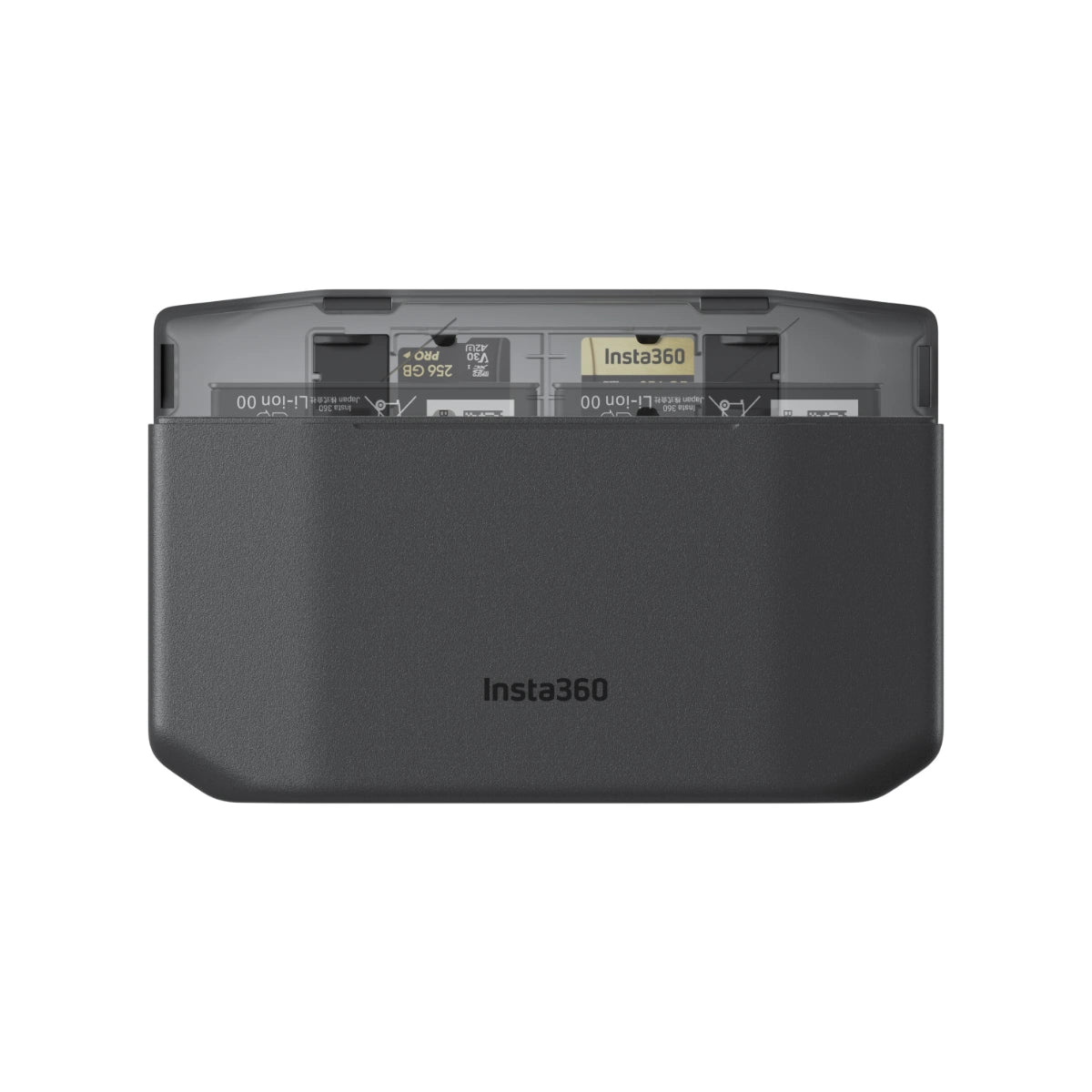 Insta360 compact camera battery pack shown from the back, featuring a dark gray body with the Insta360 logo and a translucent lid revealing internal battery compartments.