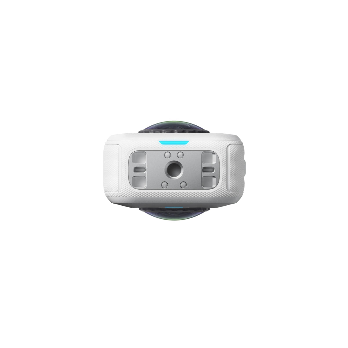 A white handheld action camera featuring two lenses and a tripod mounting point, shown from a bottom up against a plain white background.