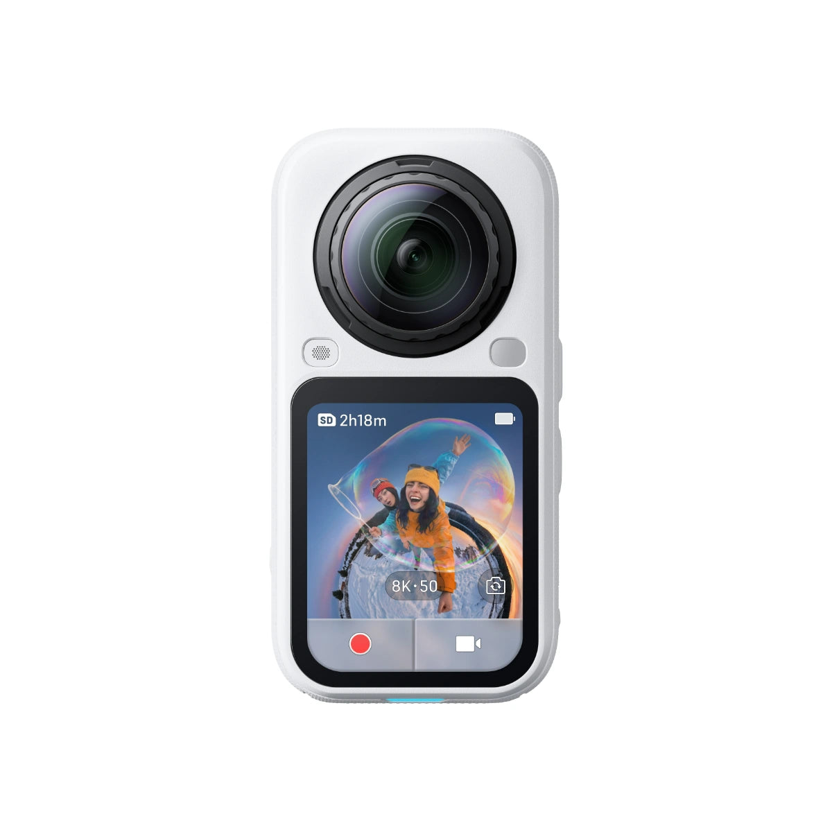 A white action camera with a large black front lens and a small color display screen showing a colorful portrait, isolated on a white background.