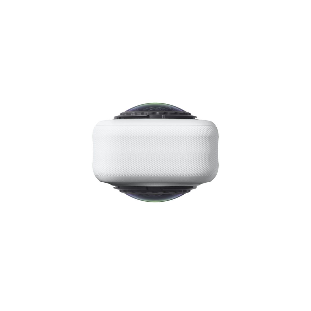 A white handheld action camera featuring two lenses, shown from a top down against a plain white background.
