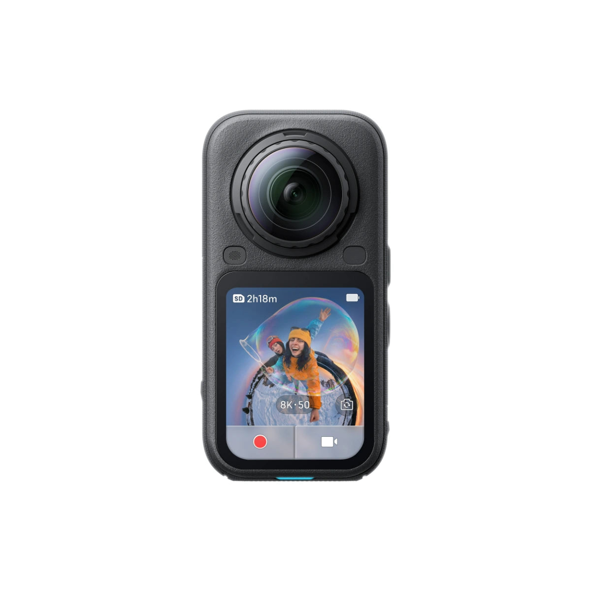 A black action camera with a large front lens and a small color screen showing a colorful image, centered on a plain white background.