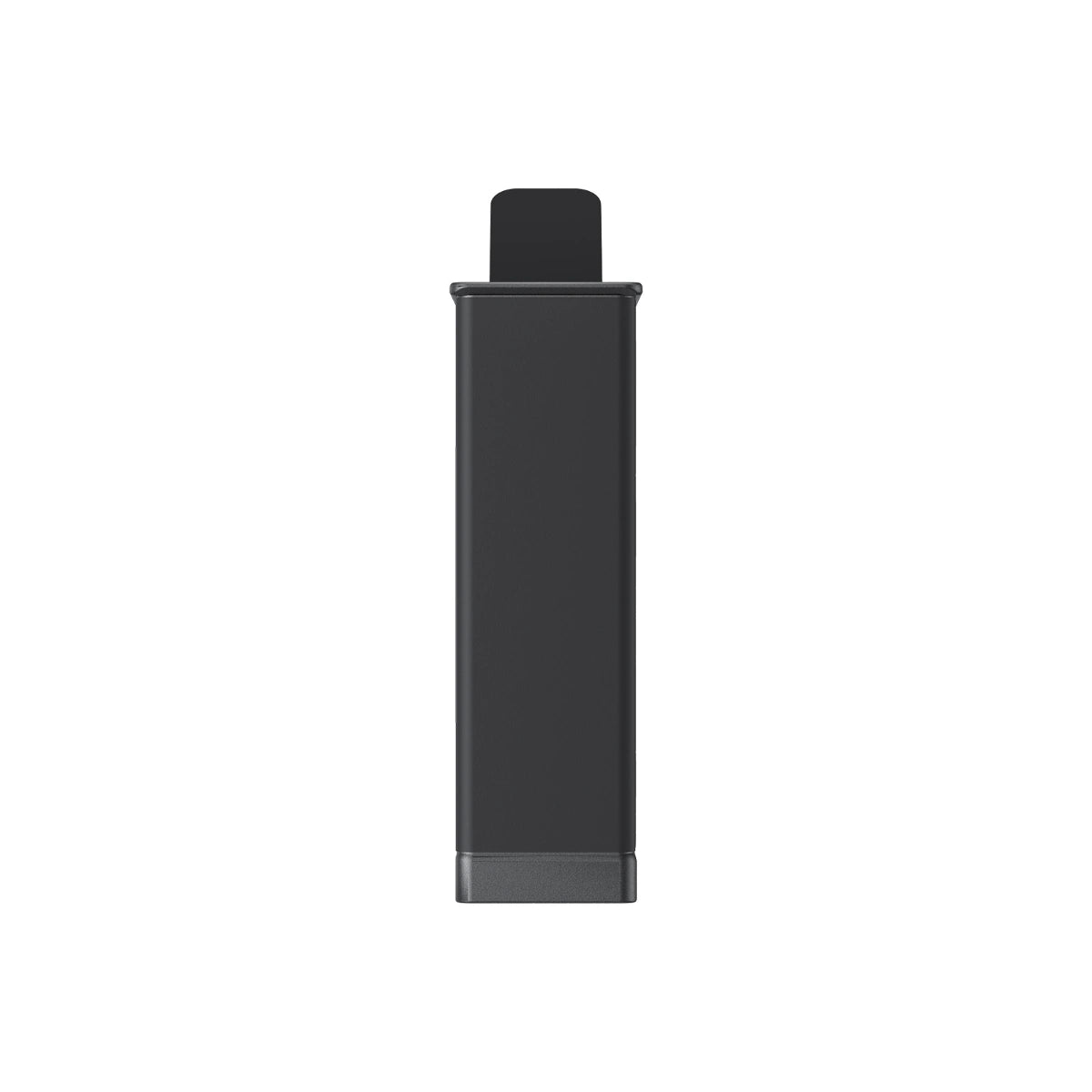 A black Insta360 camera battery, shown from a side angle on a plain white background.