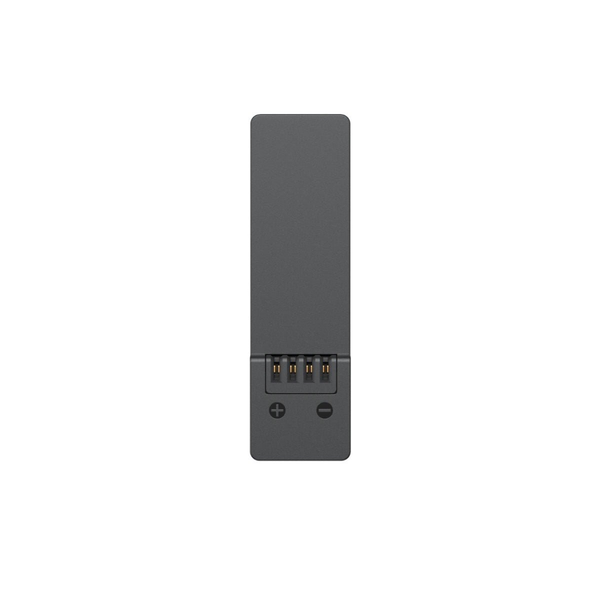 A black Insta360 camera battery with exposed metal contacts, shown from a bottom angle on a plain white background.
