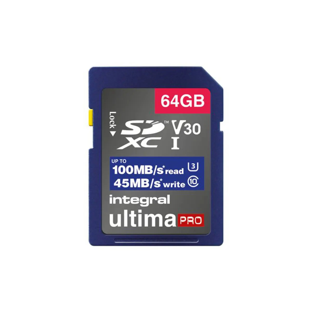 64GB SD card with 'integral ultima pro' branding on a white background