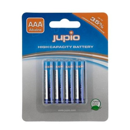 Pack of Jupio AAA alkaline batteries with packaging details on a white background