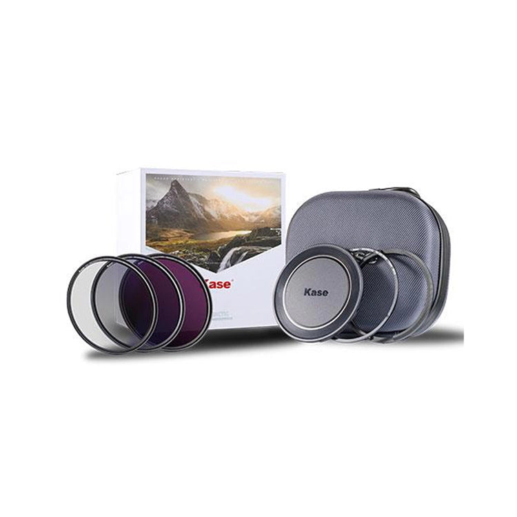 Camera lens filters and case with Kase branding on a white background