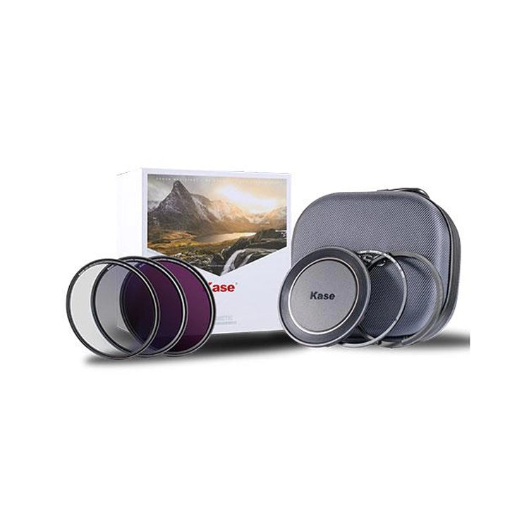 Camera lens filters and case with Kase branding on a white background