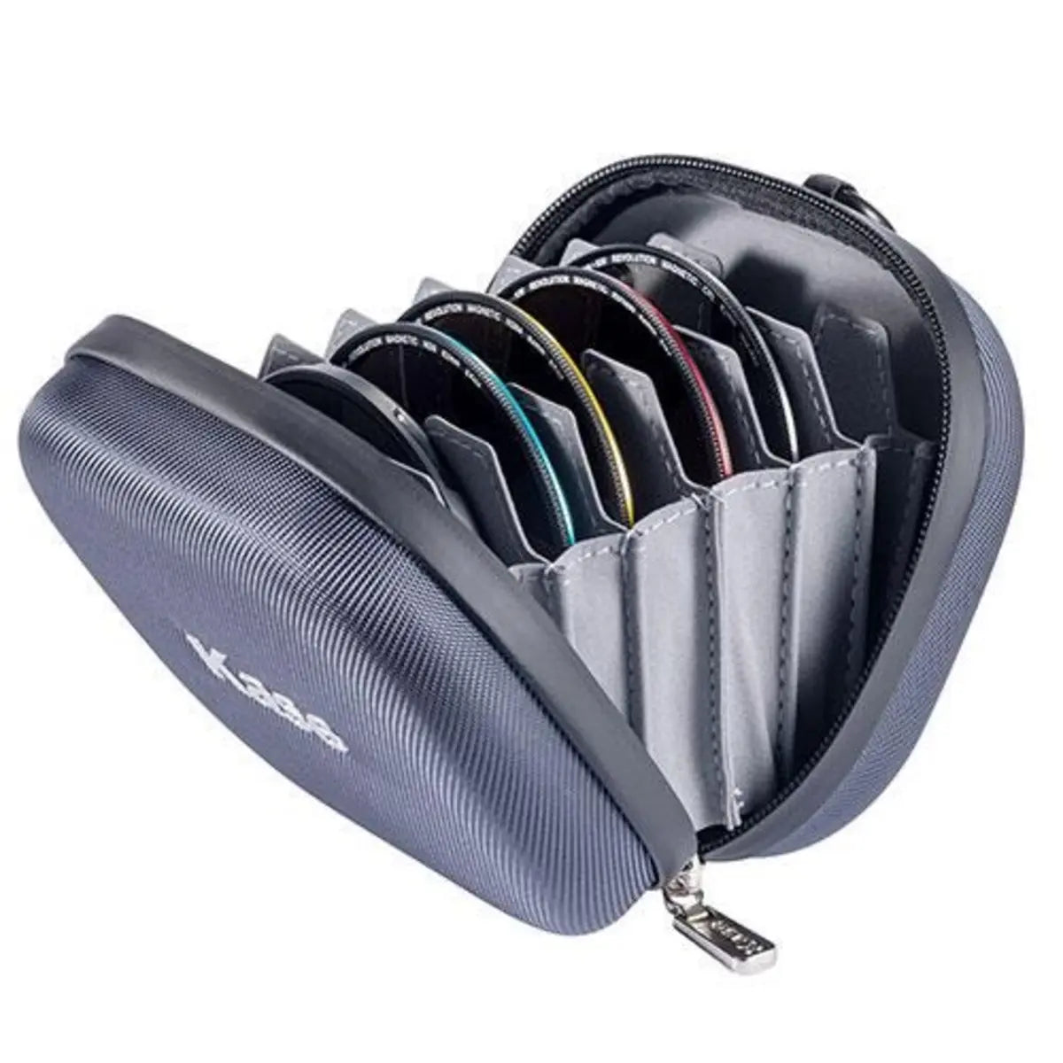 Gray case with multiple compartments for storing items, on a white background