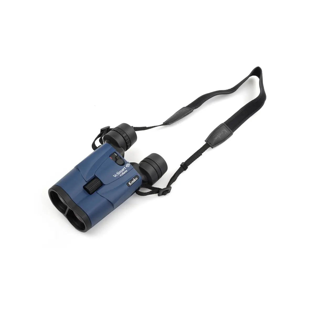 Blue binoculars with a strap on a white background
