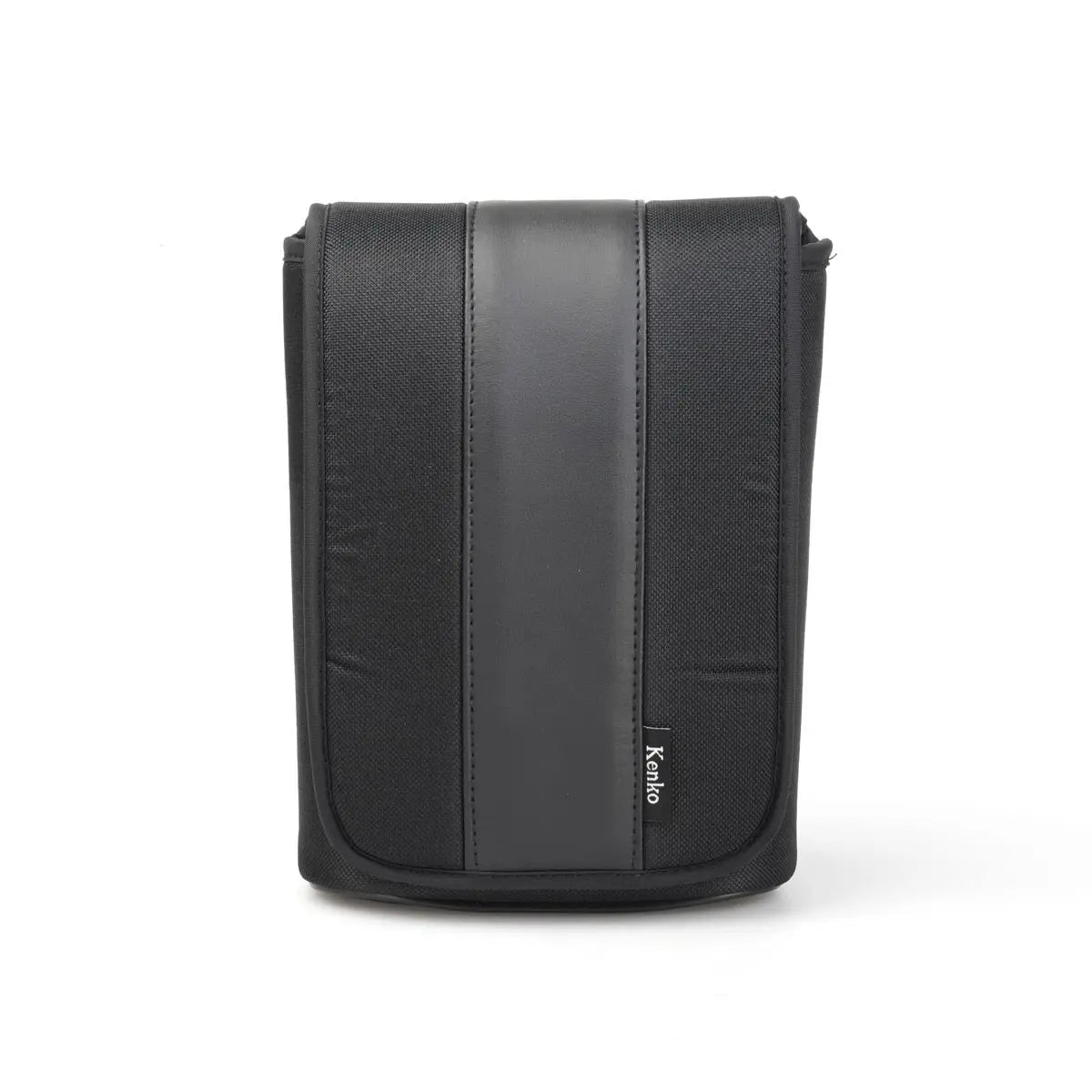 Black crossbody bag with a visible brand logo on a white background