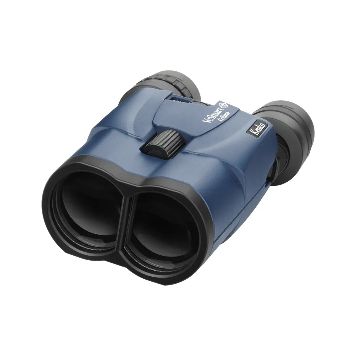 Blue binoculars with black accents on a white background