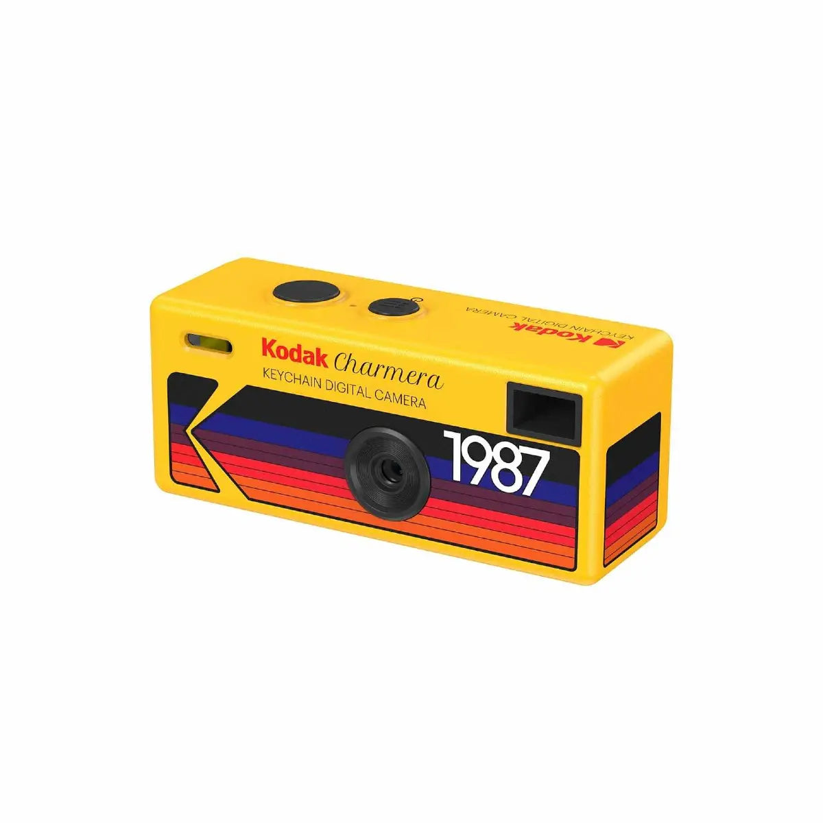 Yellow Kodak Charmera keychain digital camera with '1987' design on a white background