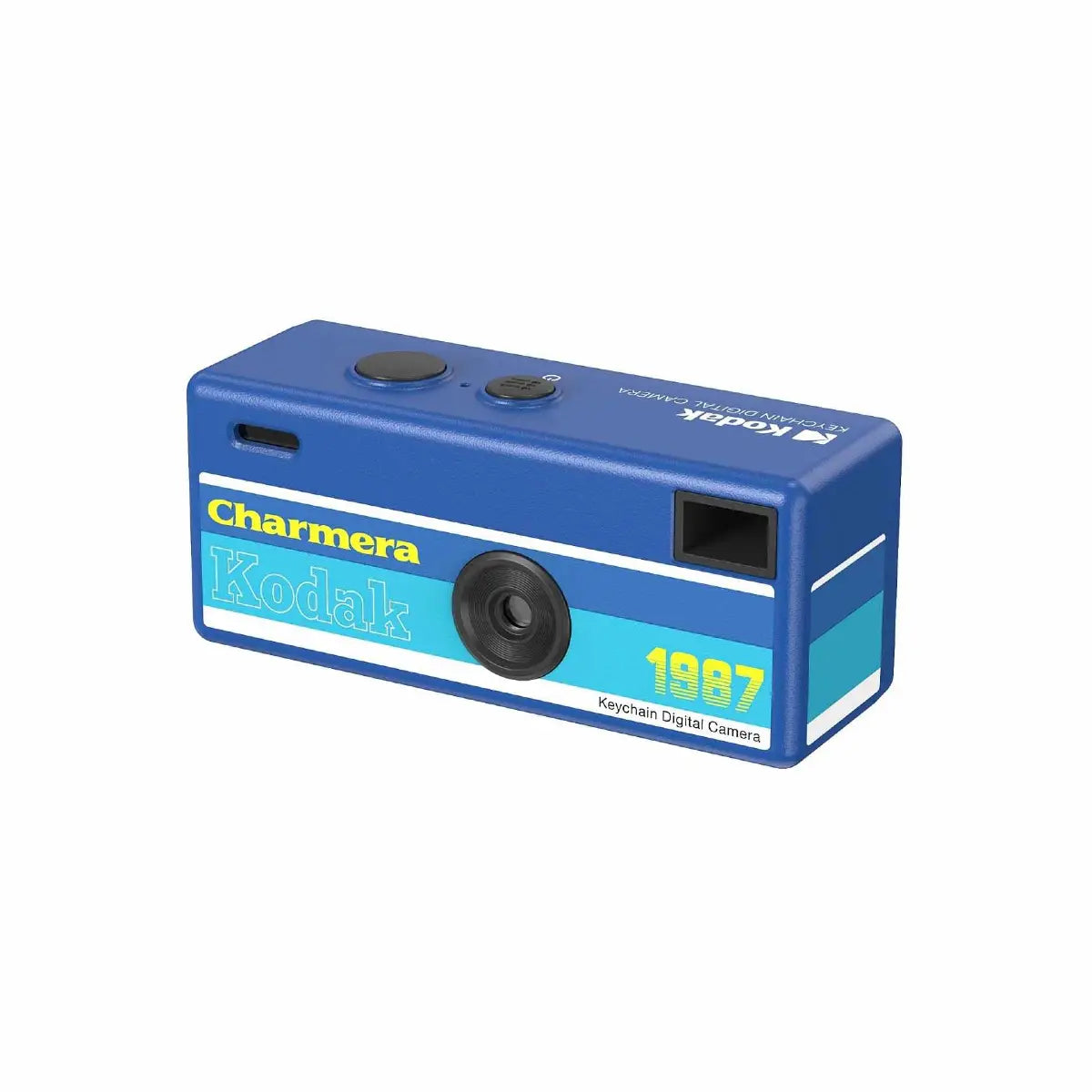 Blue Kodak Charmera keychain digital camera on a white background