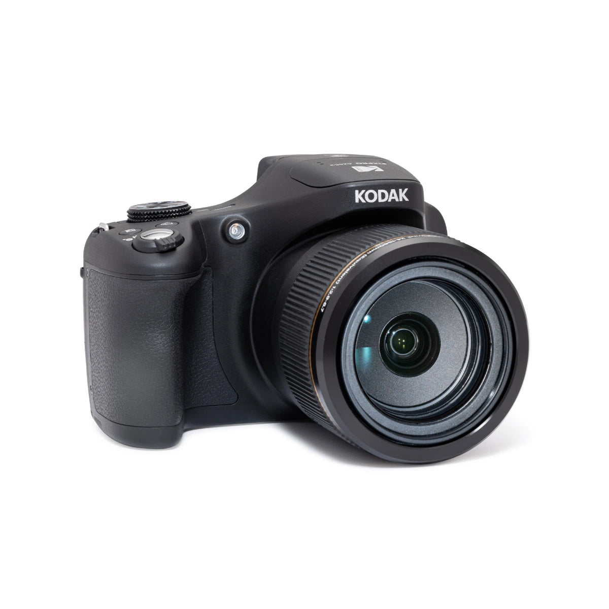 A black Kodak digital camera with a zoom lens, shown from a three-quarters angle on a clean white background.