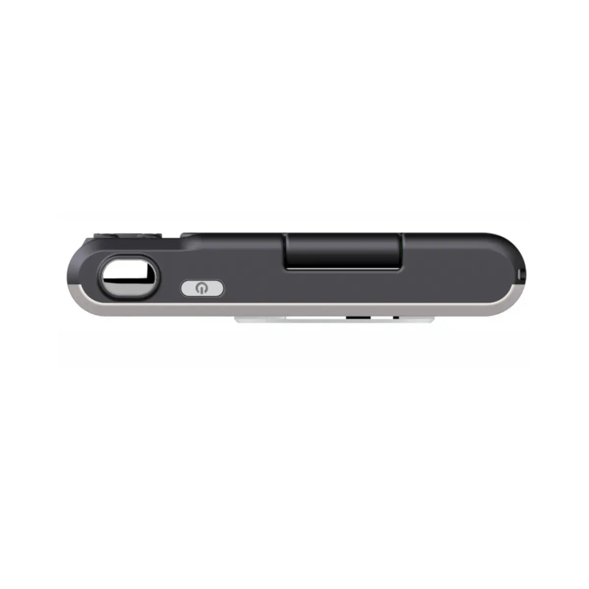 Black and silver electronic device on a white background