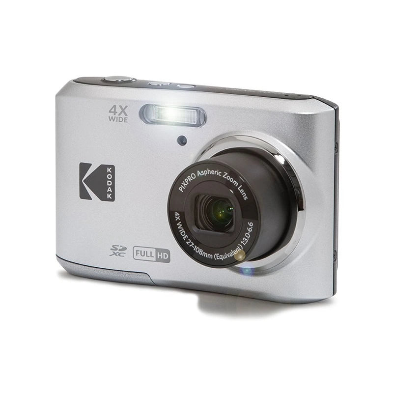 A silver Kodak compact digital camera with a prominent black lens, photographed on a clean white background.