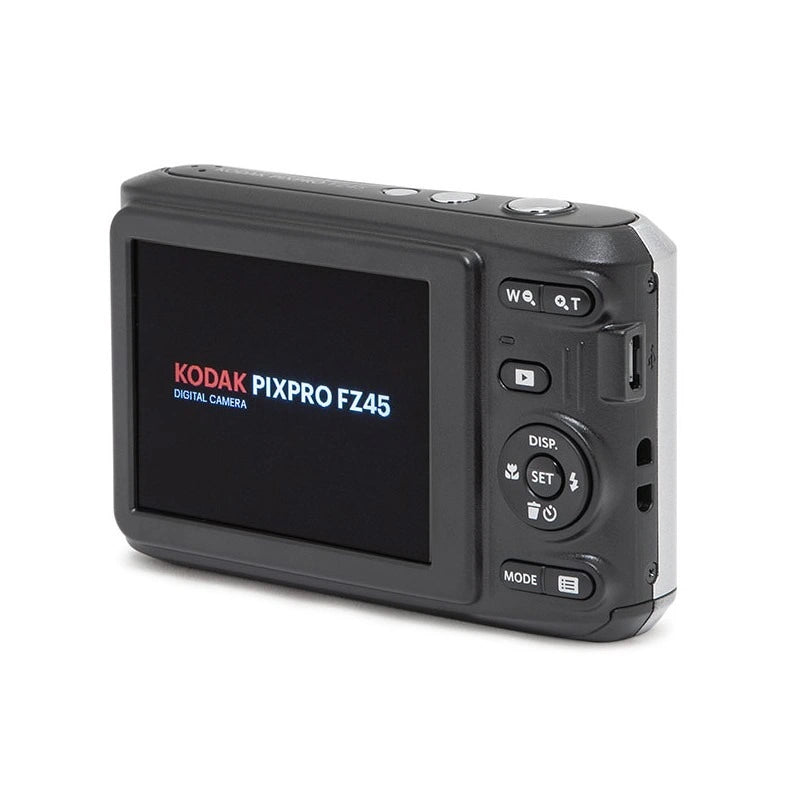 A black Kodak PixPro FZ45 digital camera shown from the rear three-quarter view on a white background.