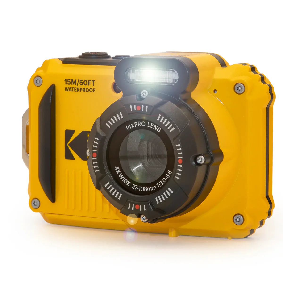 A yellow and black waterproof camera with a bright flash illuminated, shown on a clean white background. The camera features a prominent black lens ring with white text and a large black Kodak logo on the side.