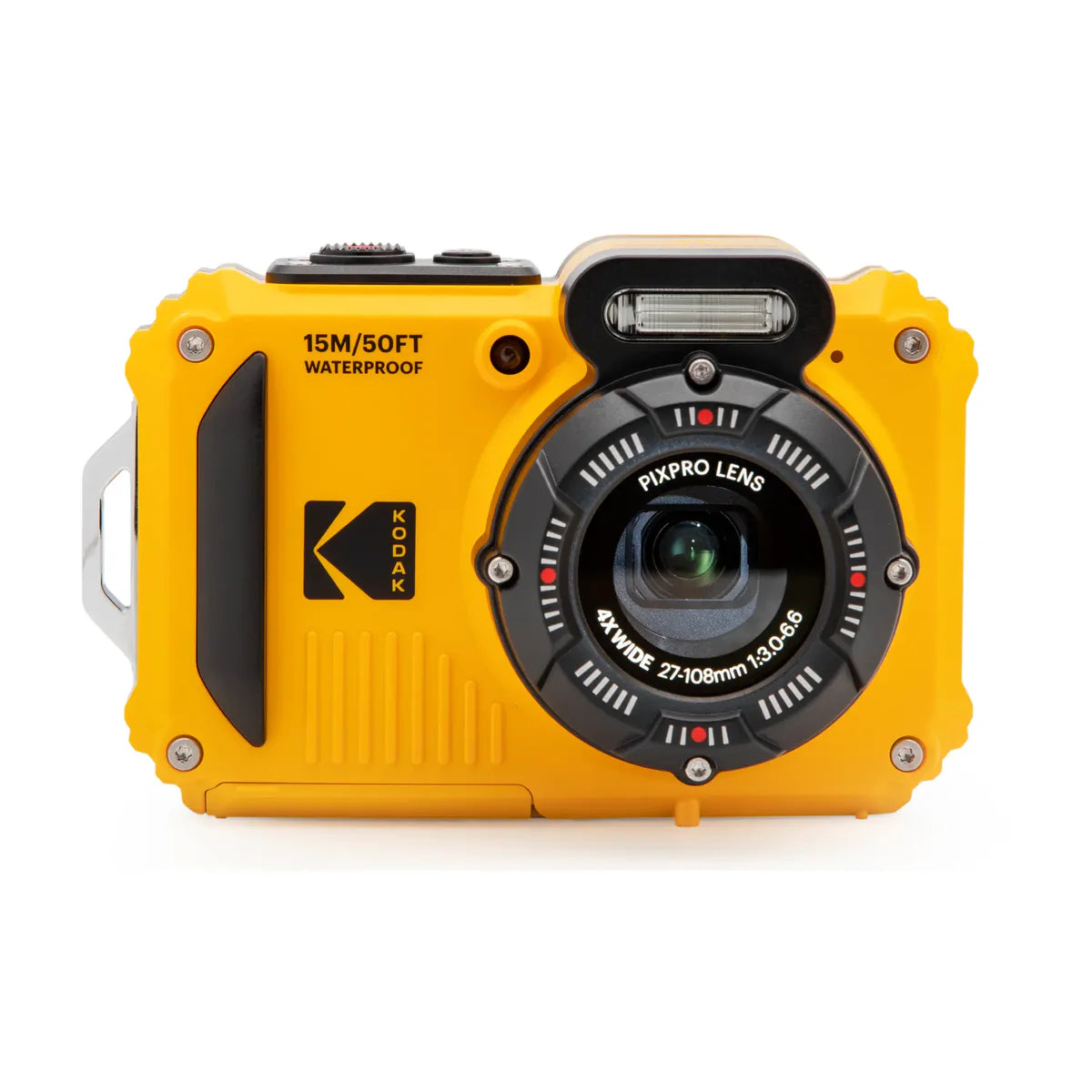 A yellow and black waterproof camera with a large lens, featuring the Kodak logo and '15M/50FT WATERPROOF' text on a clean white background.