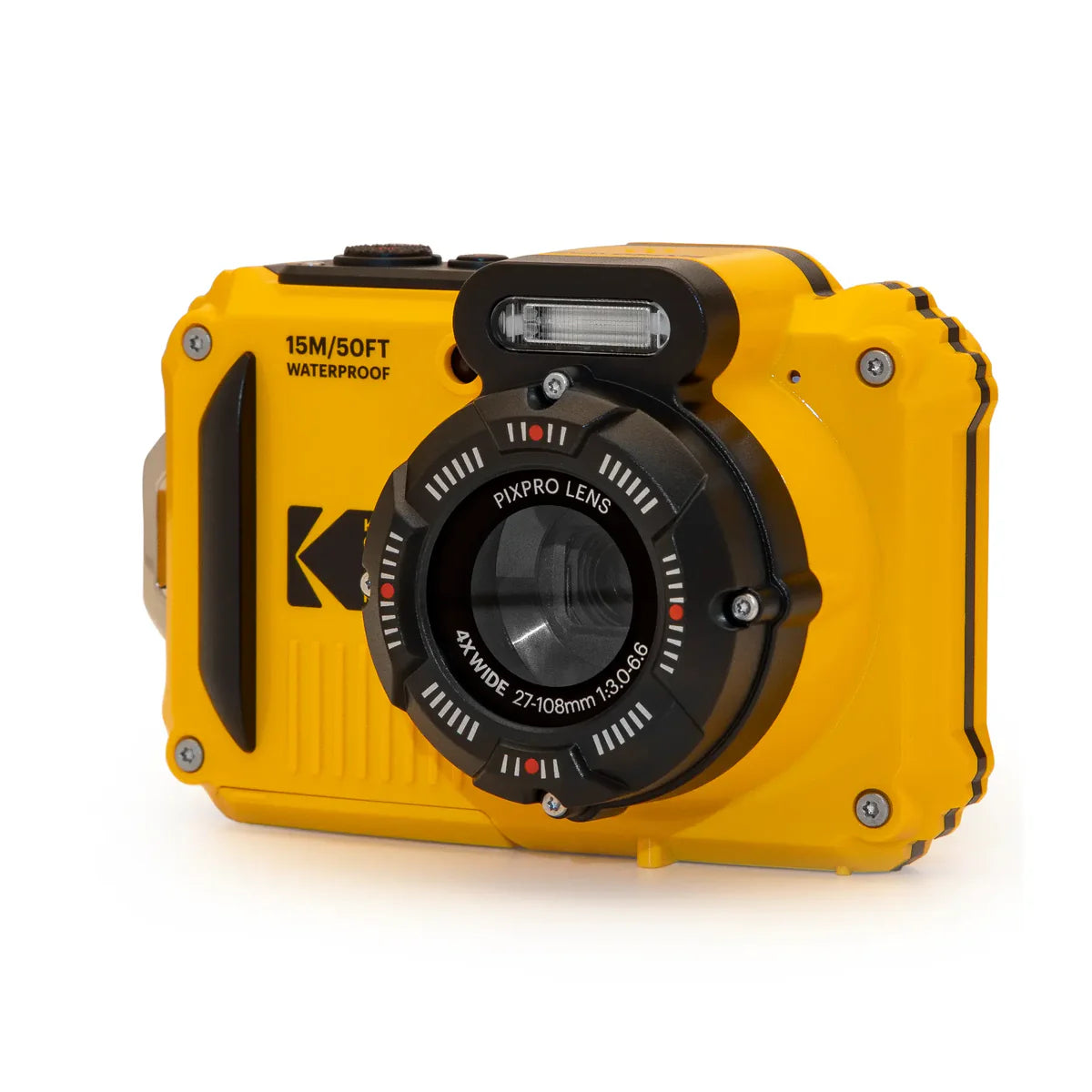 A rugged waterproof camera in bright yellow and black, featuring a prominent black lens and a textured yellow body, shown on a clean white background.