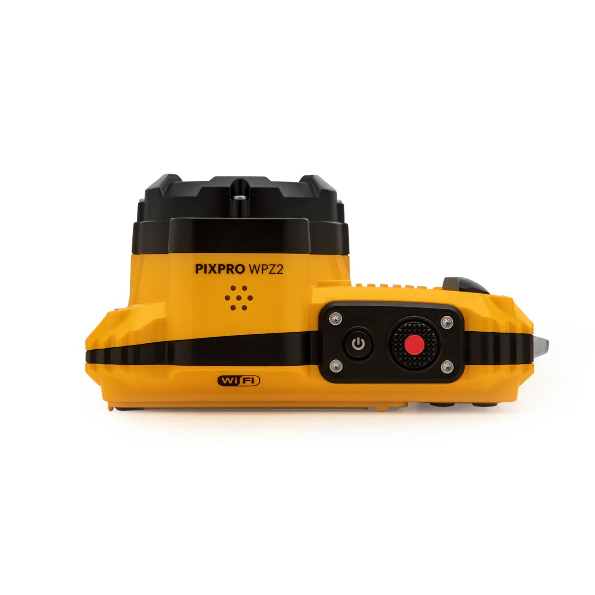 Pixpro WPZ2 laser level shown from the side, featuring a bright yellow and black body with a red power button on the control panel.