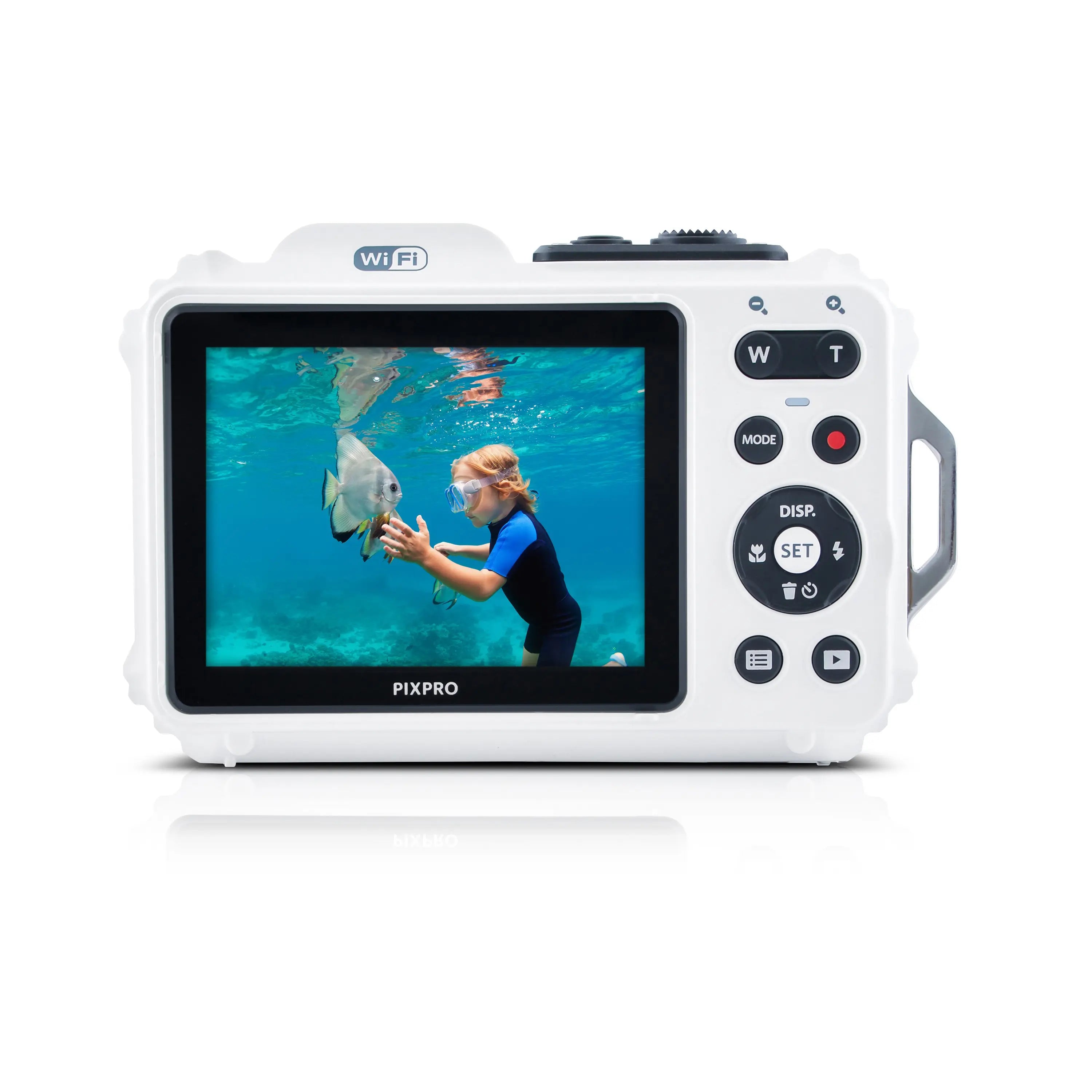 White digital camera with screen displaying an underwater scene, on a white background