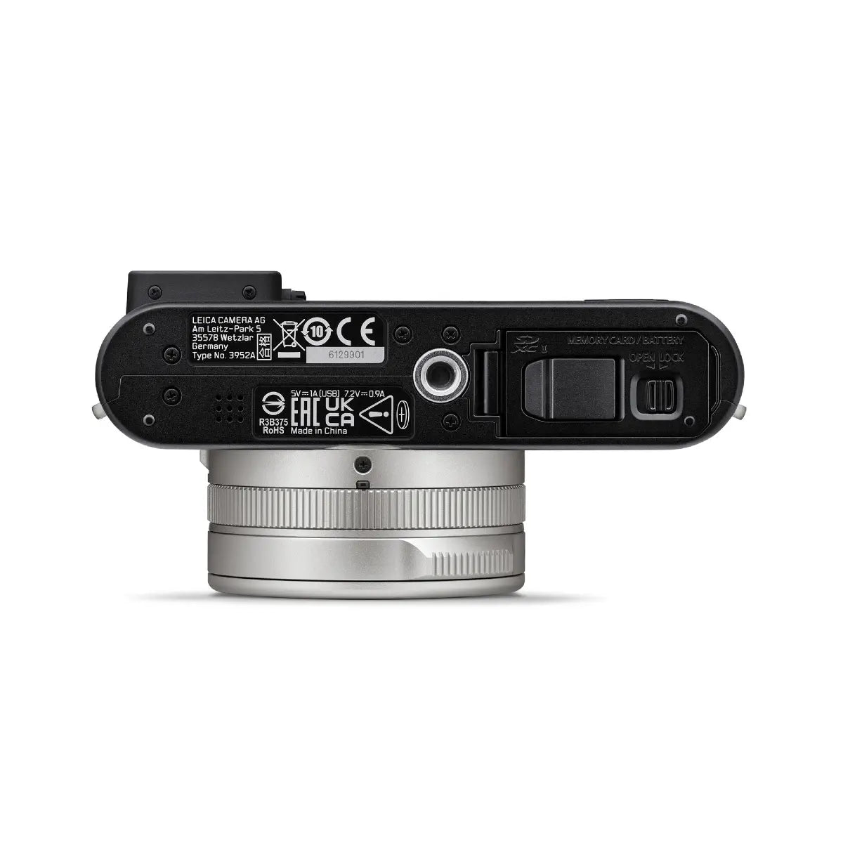 Back view of a camera with branding and technical details on a white background