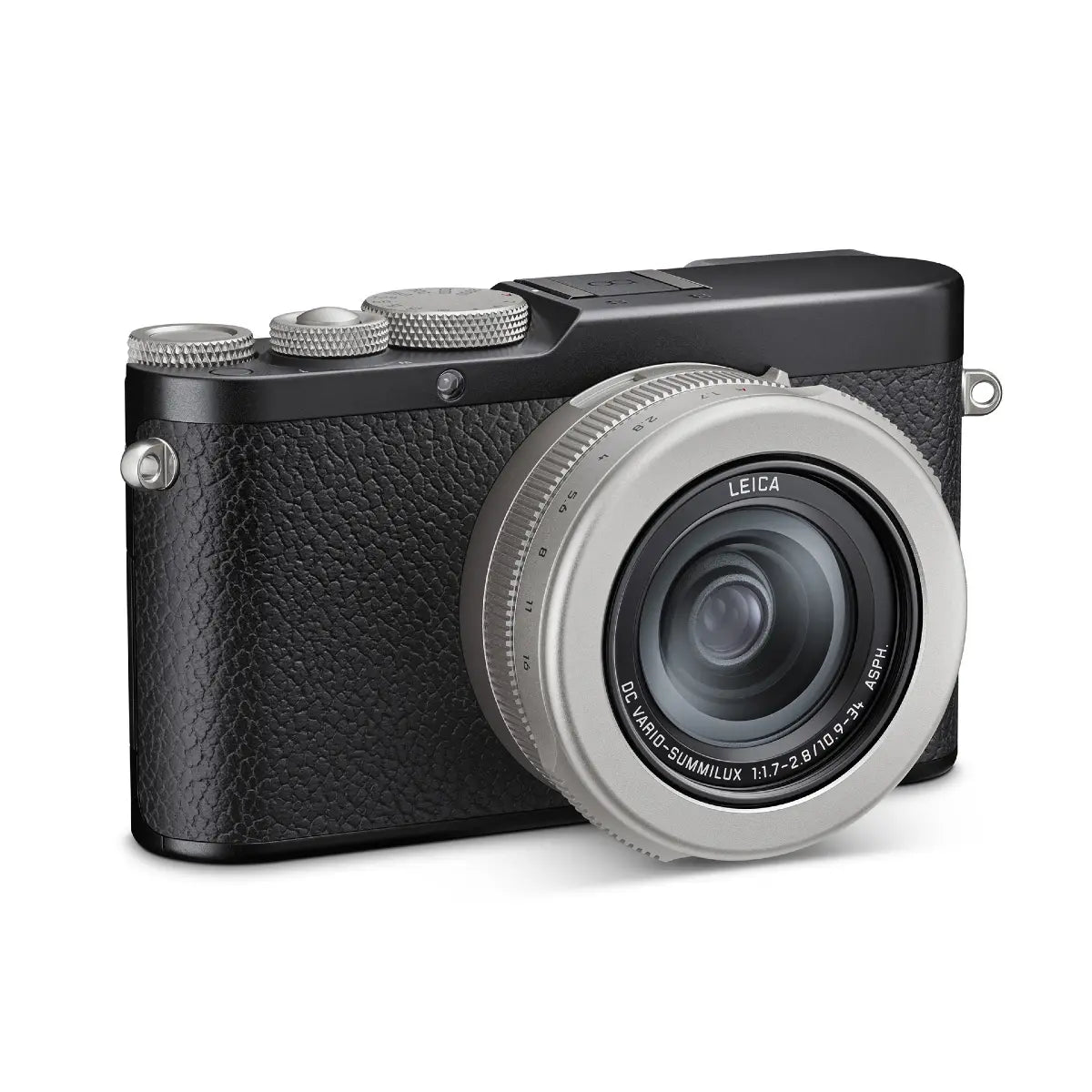 Black camera with silver lens on a white background