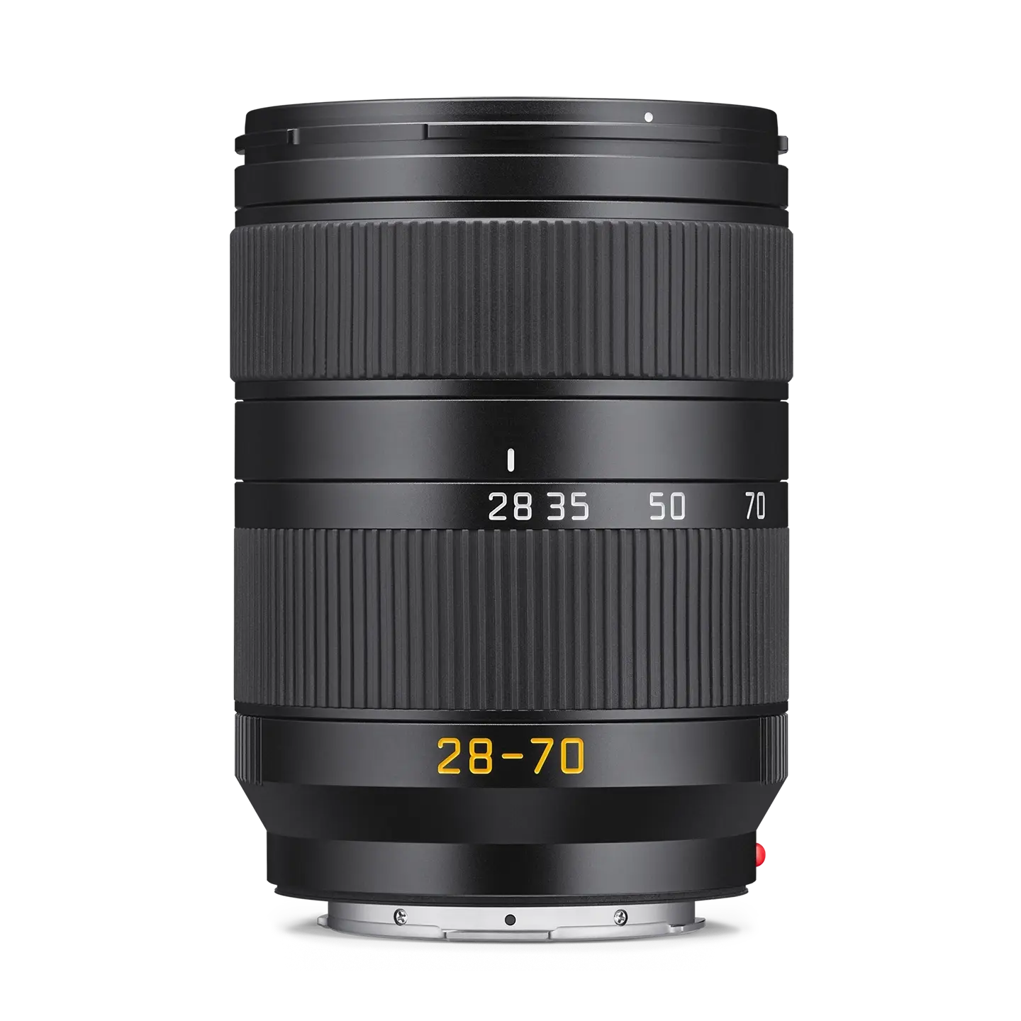 Camera lens with focus scale and brand logo on a white background
