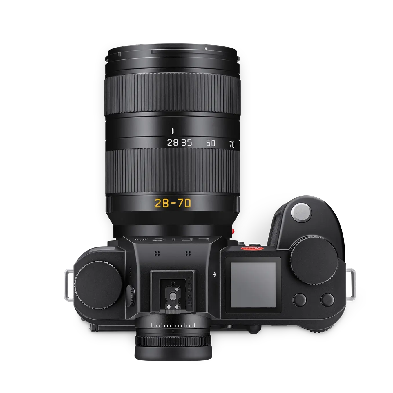 Black camera with lens on a white background