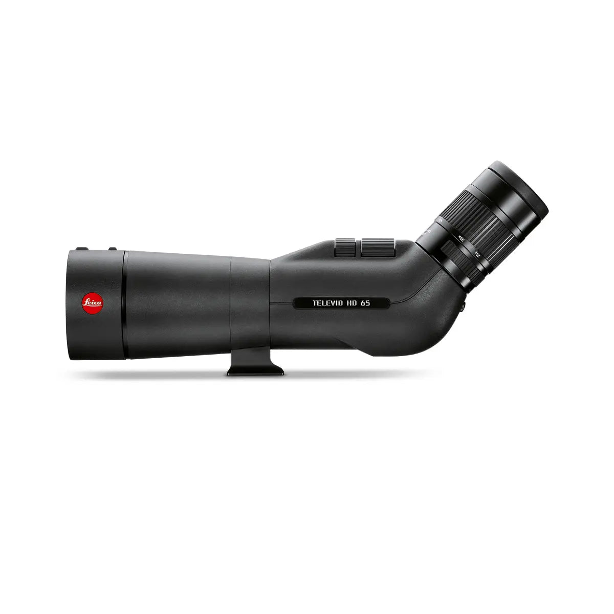 Black telescope with Leica logo on a white background