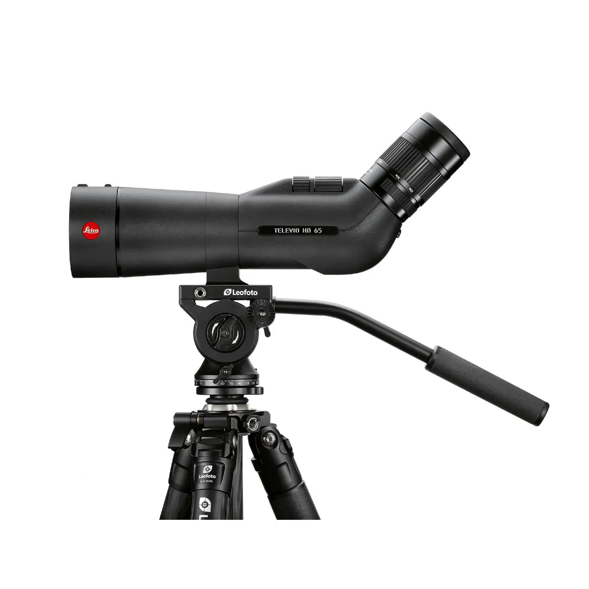 Black Leica spotting scope with tripod on a white background