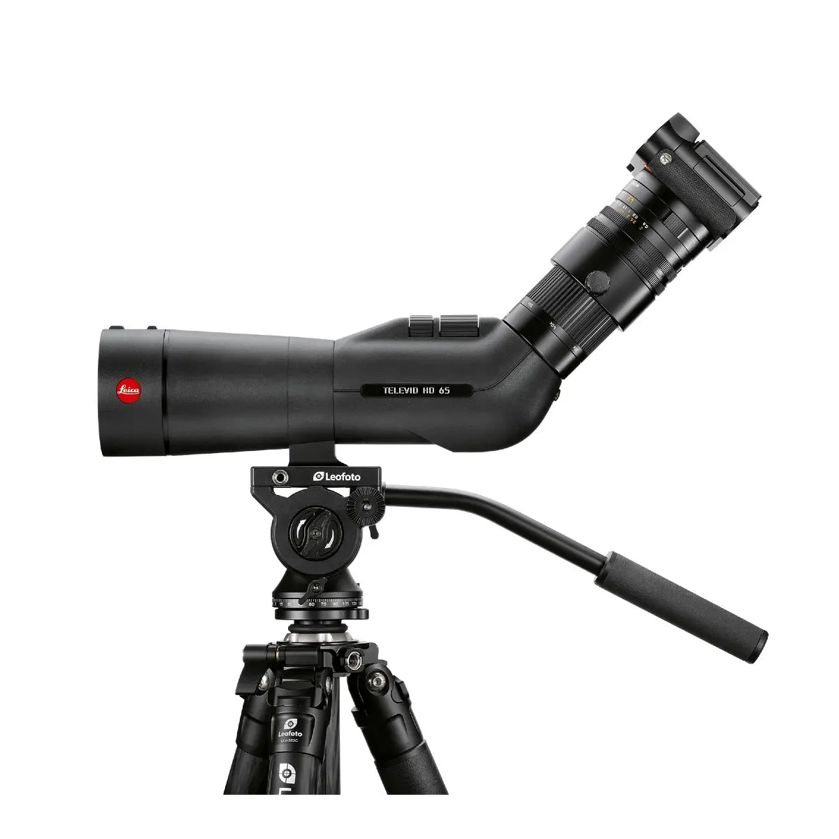Black Leica telescope on a white background
