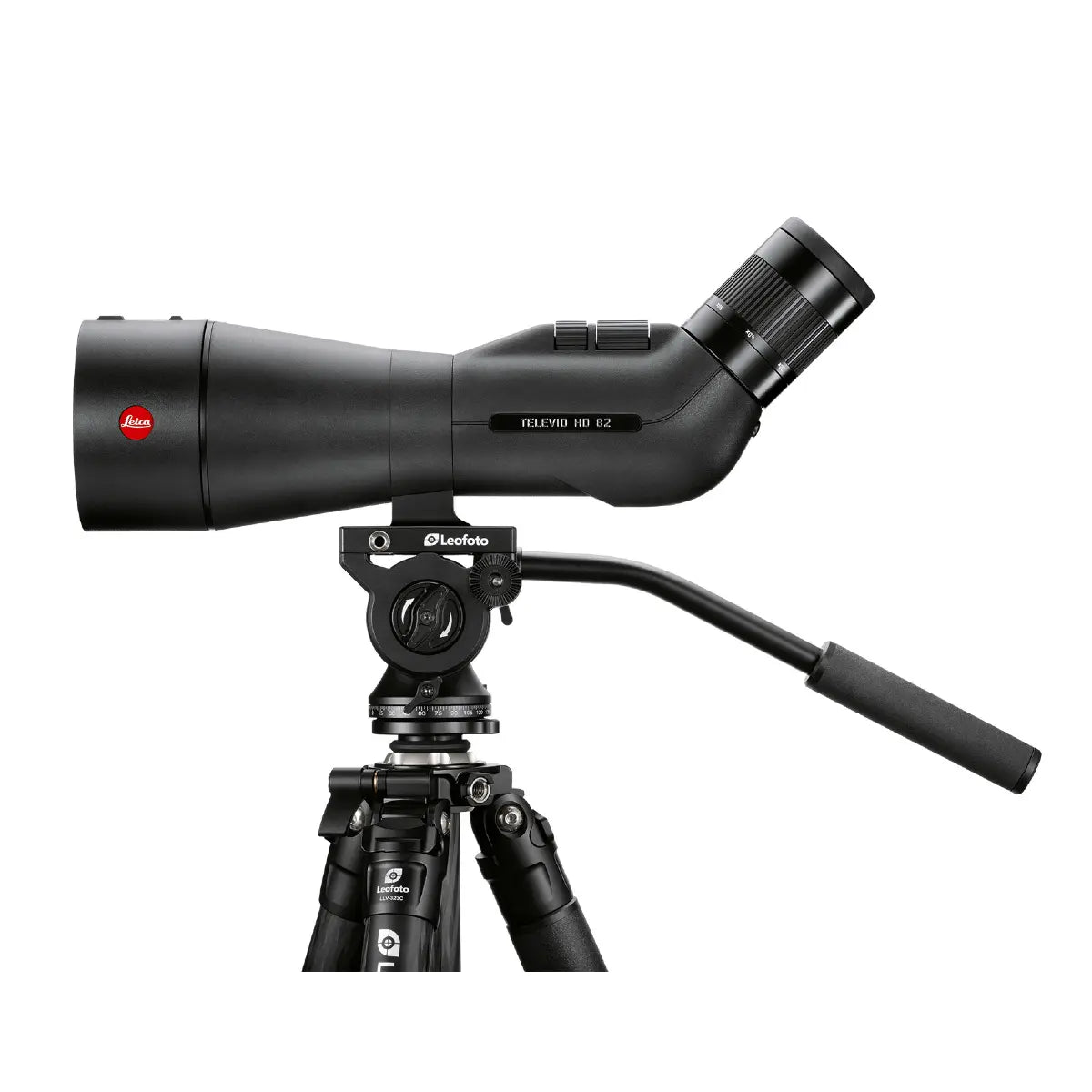 Leica telescope on a tripod with a white background