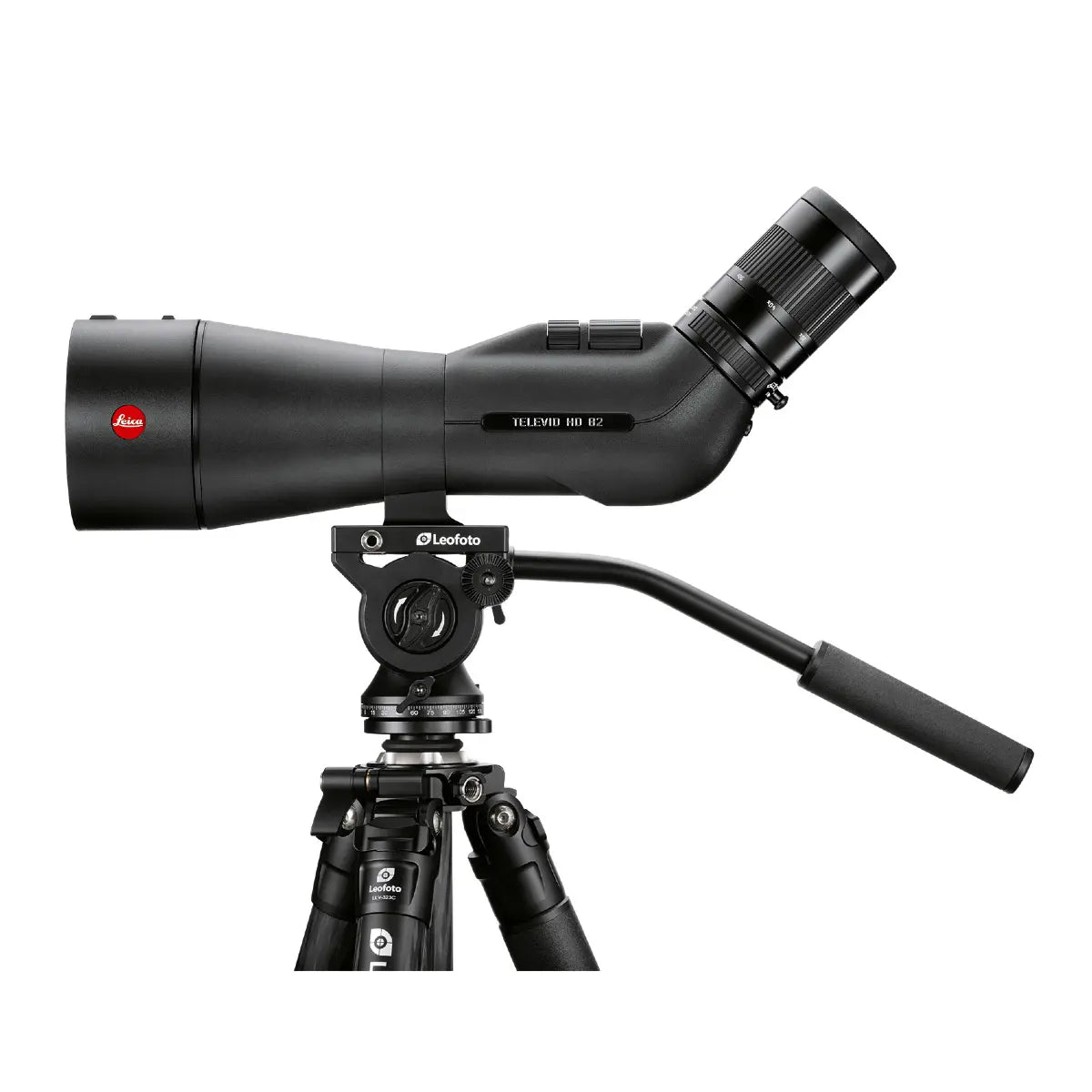 Black Leica telescope on a white background