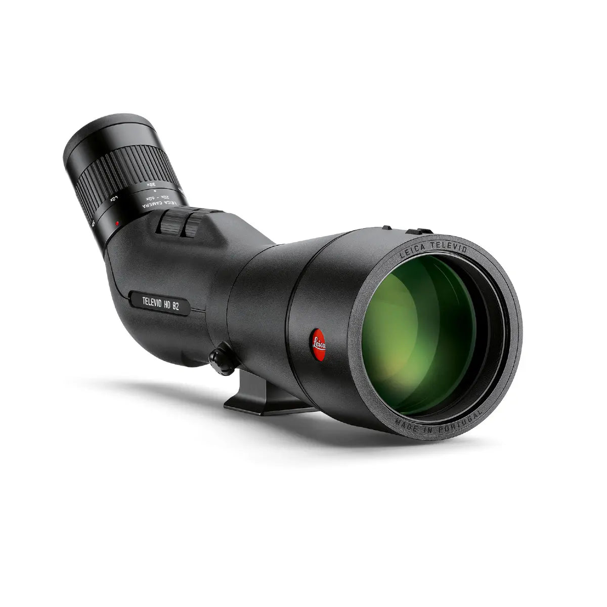 Black telescope with green lens on a white background