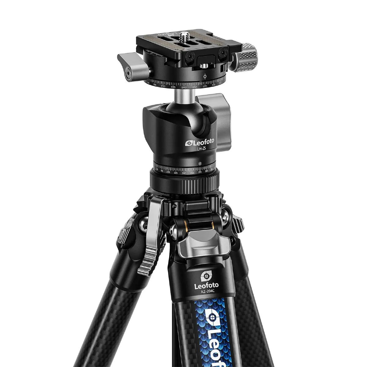 Leofoto camera tripod with ball head on a white background