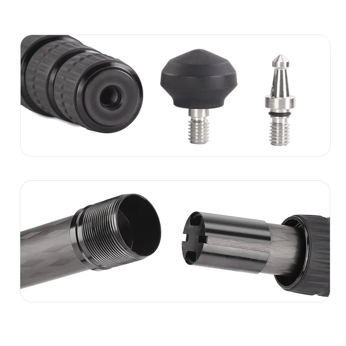 Collection of mechanical components including a black cylindrical part, a knurled black knob, and a metallic nozzle on a white background.