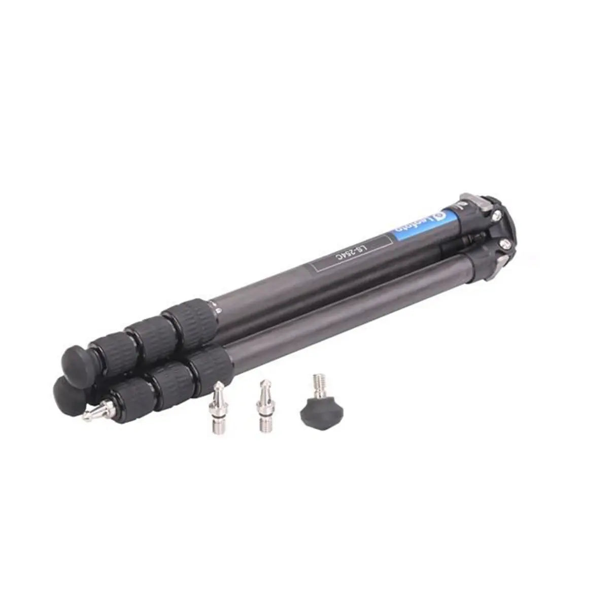 Camera tripod with accessories on a white background