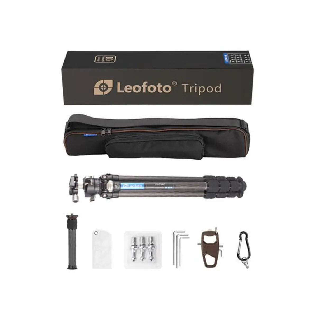 Leofoto tripod set with packaging on a white background