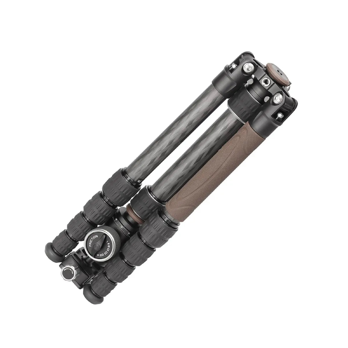 Camera tripod with black and brown design on a white background