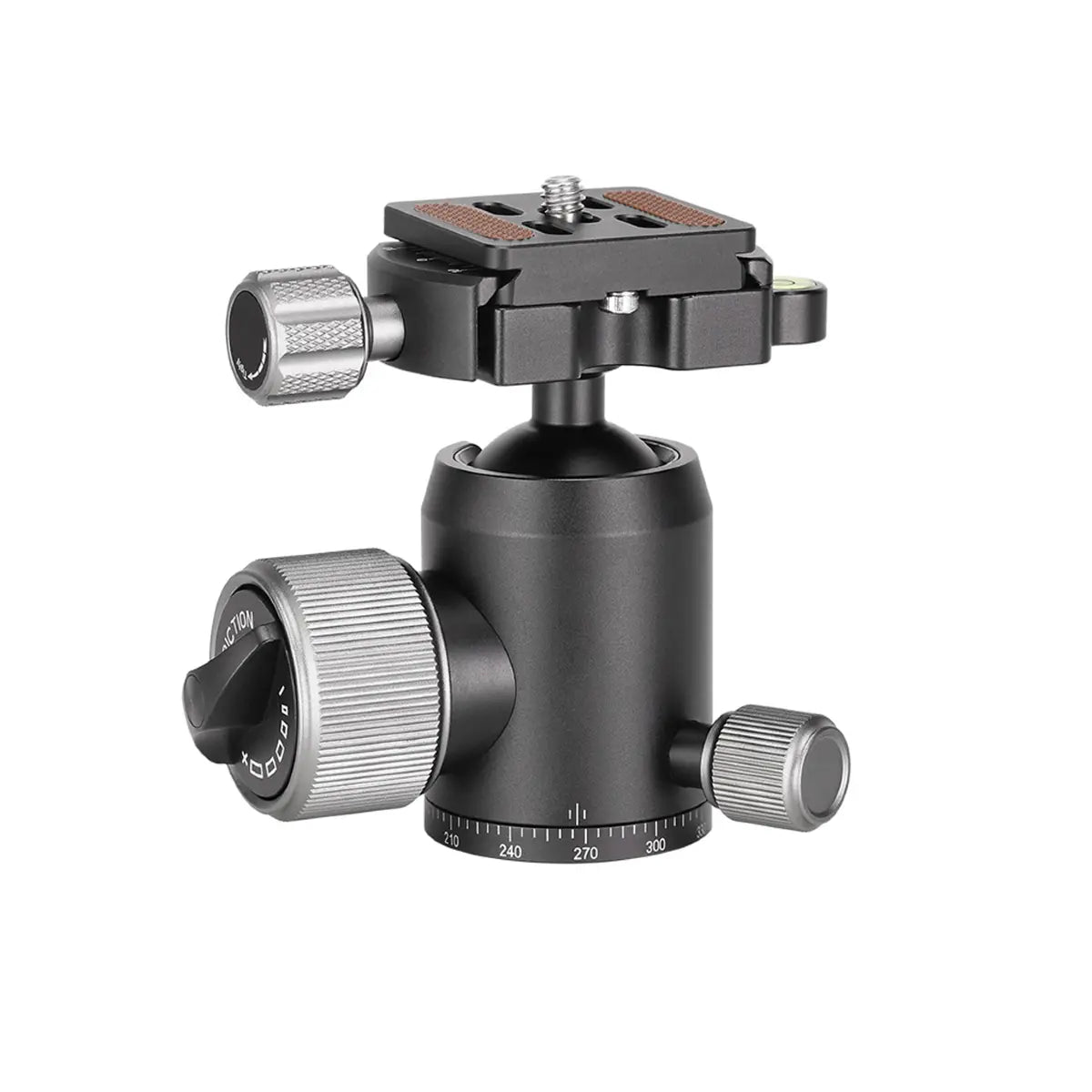 Camera tripod head with three adjustable knobs on a white background